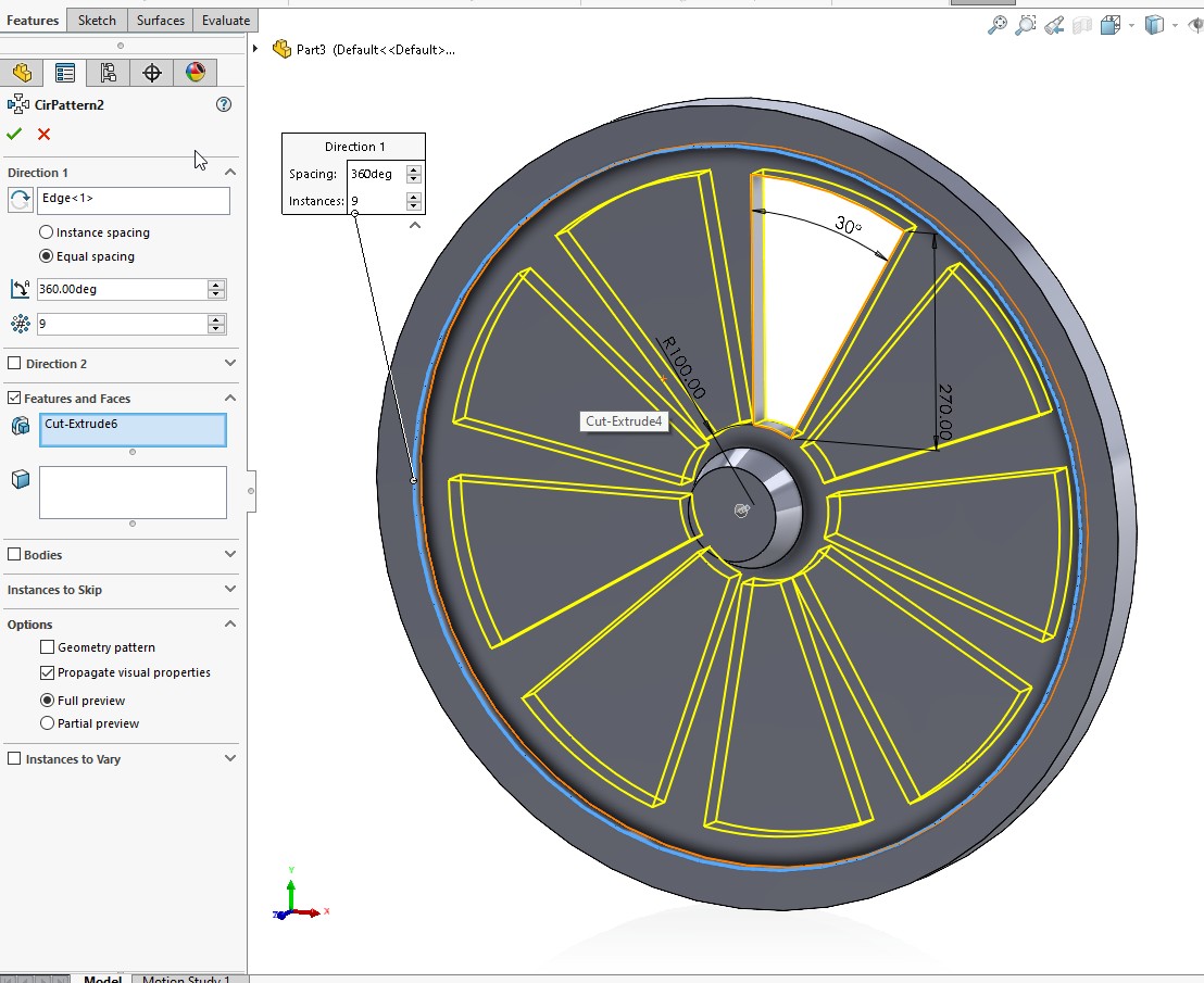 ></picture></p> <p>
You should see that in property manager that the axis space
is highlighted. Select the circular edge (highlighted in blue), this selects the axis in
which the feature is going to be patterned. You can now make your pattern
TWO different ways. If “equal spacing” is checked simply specify the number of
patterns you want. Or you can uncheck “equal spacing” and specify the number of
patterns as well as the angle between them. Click “Equal Spacing” and make 9
copies. Click OK to exit property manage. You should also be able to see a
preview of the pattern that will be created, if not, just select ‘Full preview’
or ‘partial preview’ under the Options tab.
 
</p> <p>The resultant solid part with circular pattern created would
be as shown in below image.
</p> <p><img src=