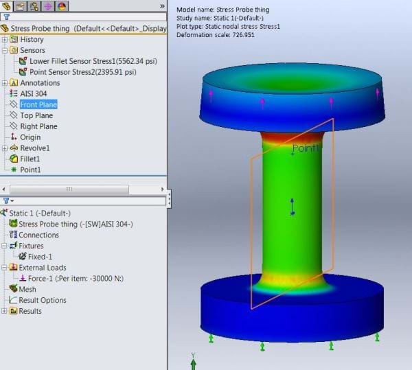 SOLIDWORKS Stress Values Sensor Results
